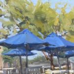Oil Painting of Blue Umbrellas in front of a Cafe